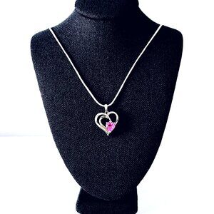 PAOLO ROMEO Sterling Silver 925 Heart Pink Stone Charm Necklace EUC